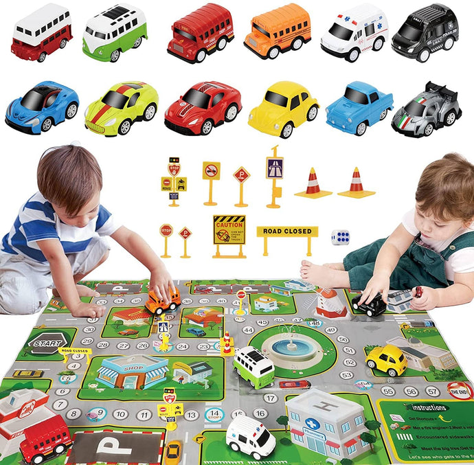 Pull Back Cars with Play Mat, 12 Pack - GP TOYS